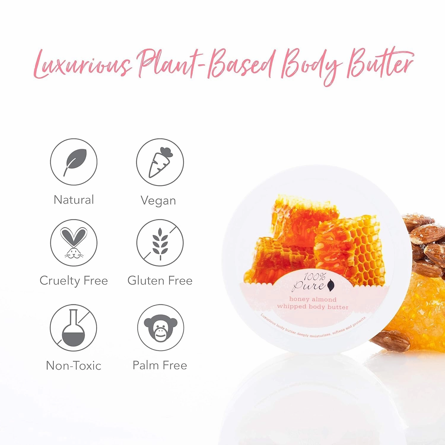 100% PURE Honey Almond Whipped Body Butter, Body Lotion for Dry Skin, Made with Shea Butter, Cocoa Butter, Moisturizing Body Cream, Natural Lotion - 3.4 oz
