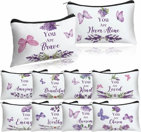 10 Pcs Christian Makeup Bags Gifts for Women Religious Inspirational Bible Verse Pencil Pouch Purple Butterfly Lavender Scripture Canvas Toiletry Cosmetic Bag for Church Favors(White)