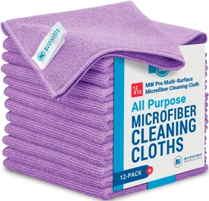 12" x 12" Buff Pro Multi-Surface Microfiber Cleaning Cloths | Purple - 12 Pack | Premium Microfiber Towels for Cleaning Glass, Kitchens, Bathrooms, Automotive, Supplies & Products