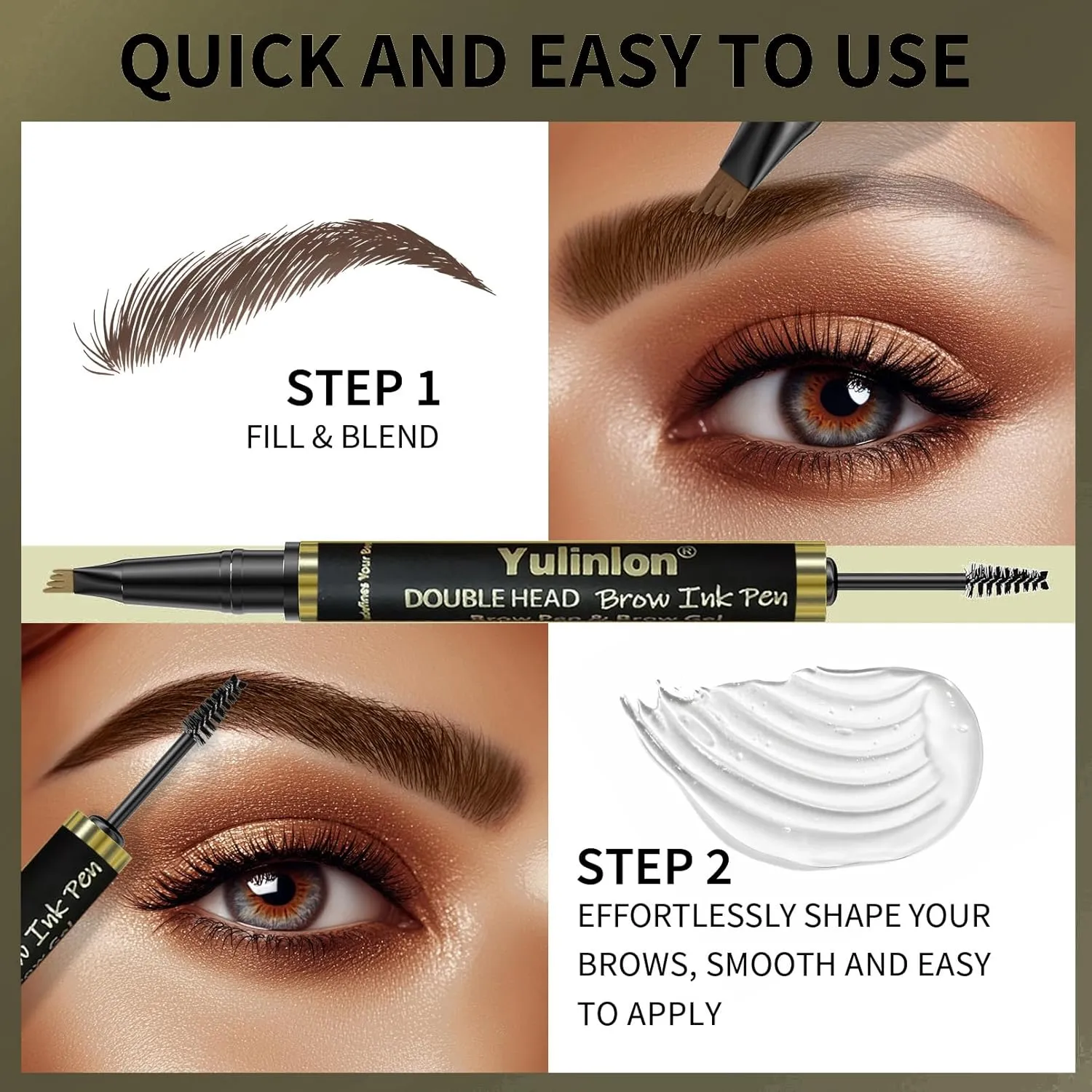 2-in-1 Double Head Eyebrow Pen and Gel, Waterproof Brow Makeup with Dual-Ended Applicator (2#Brown)