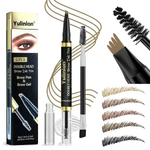2-in-1 Double Head Eyebrow Pen and Gel, Waterproof Brow Makeup with Dual-Ended Applicator (2#Brown)
