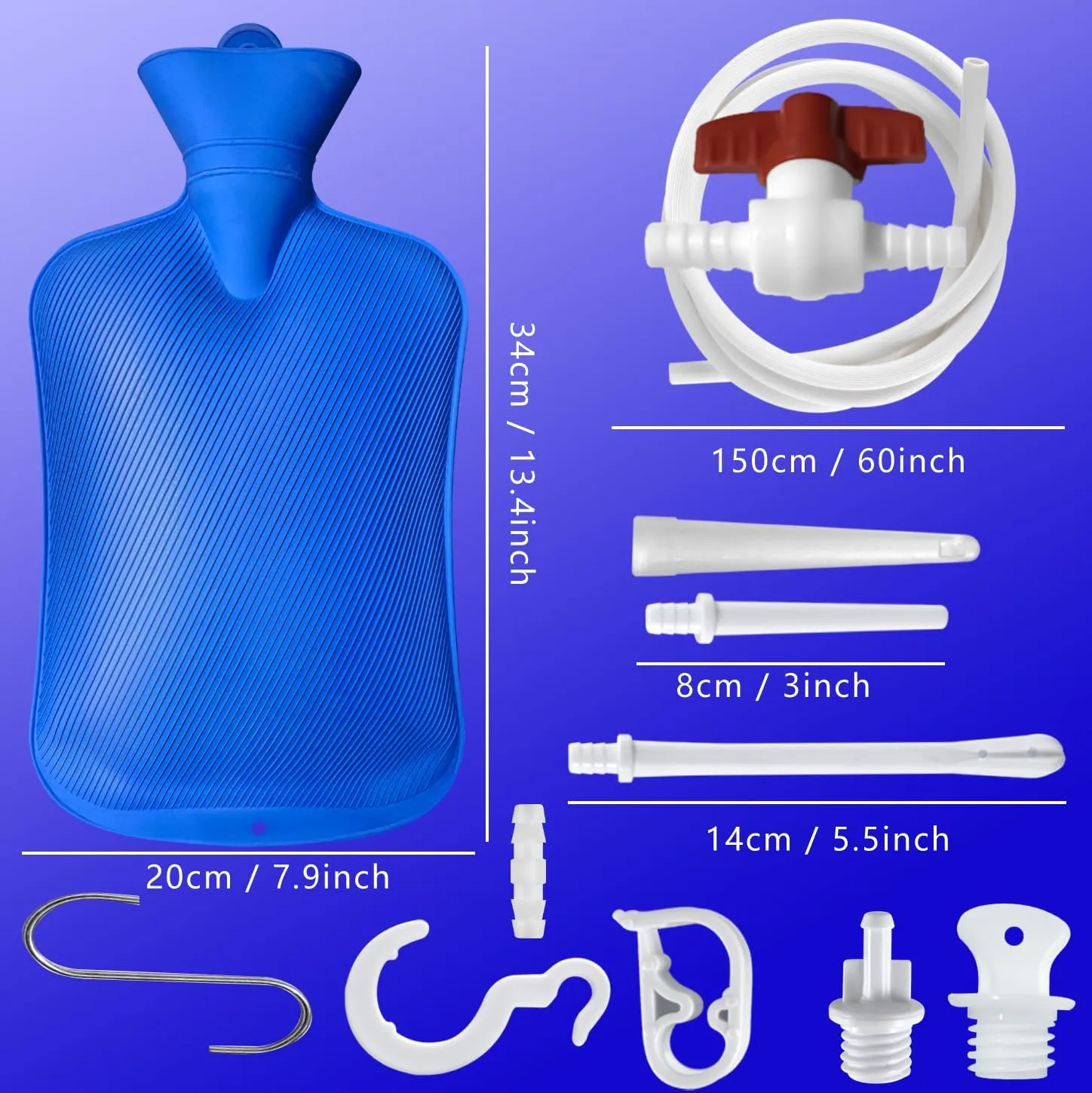 2 L Enema Bag Home Enema Kit with 3 Enema Tips,60 inch Long Silicone Hose, Controlable Water Flow Valve, Hot-Water Bottle for Colon Cleansing Enemas for Women/Men（Blue）
