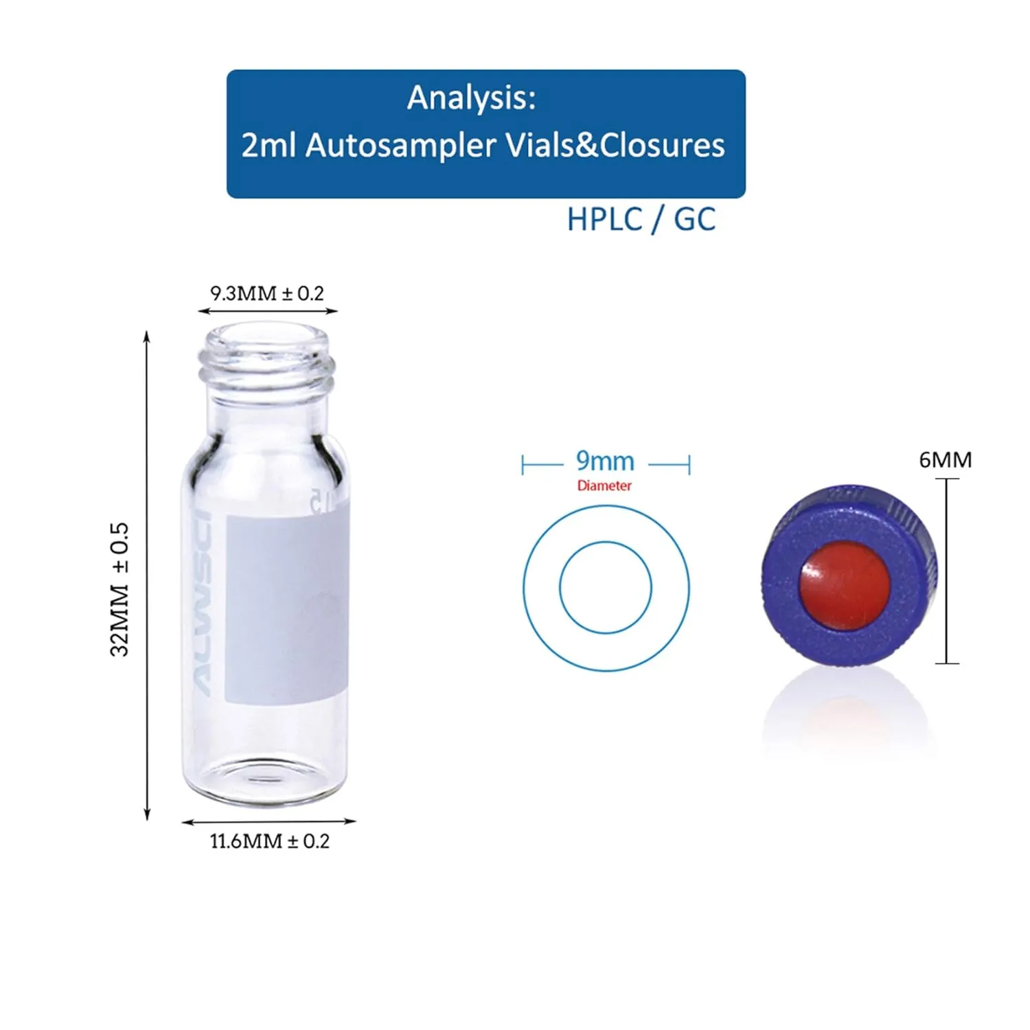 2 ml 9 mm HPLC Vial, Clear Autosampler Vial, 1.8 ml BorosiliGlass Sample Vial with Graduation, 9-425 Type Screw Threaded Vial, Blue Screw Cap with Hole, White PTFE&Red Silicone Septa, 100 of Pack