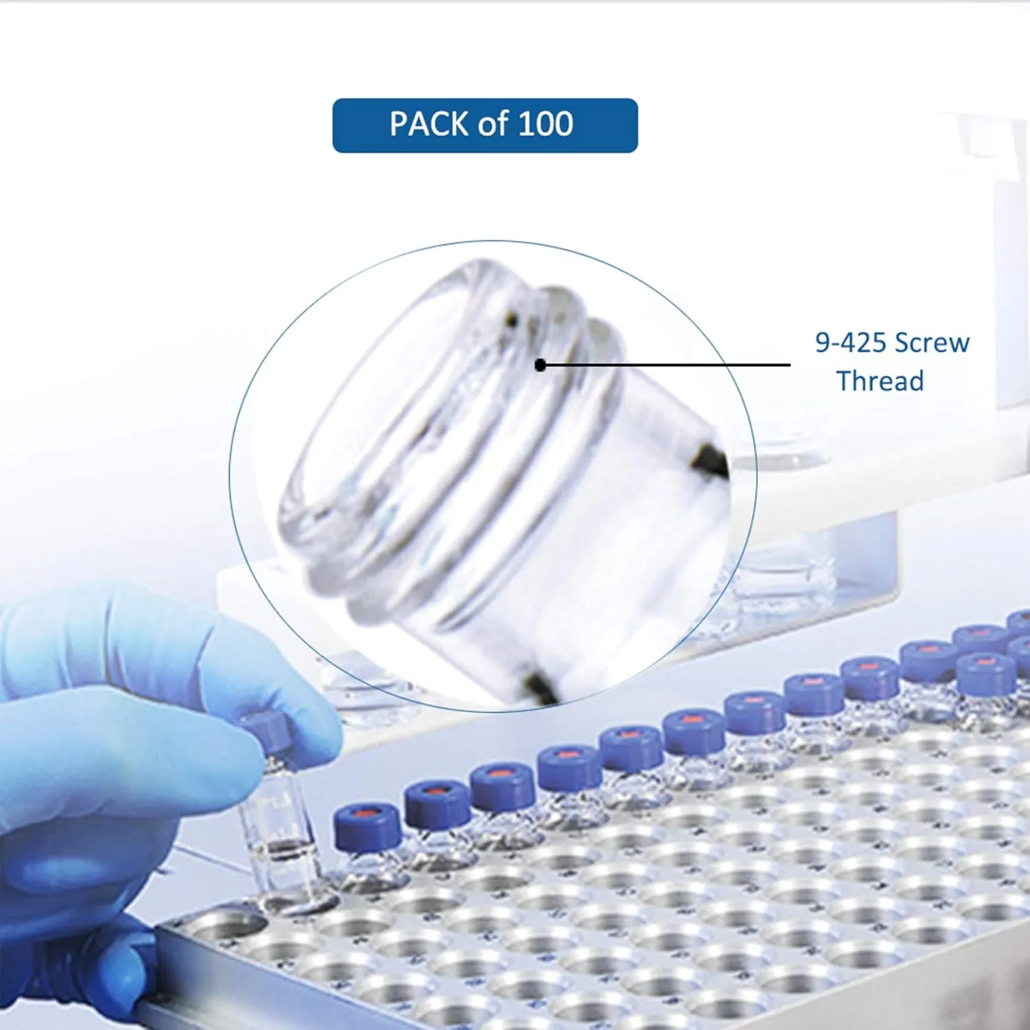 2 ml 9 mm HPLC Vial, Clear Autosampler Vial, 1.8 ml BorosiliGlass Sample Vial with Graduation, 9-425 Type Screw Threaded Vial, Blue Screw Cap with Hole, White PTFE&Red Silicone Septa, 100 of Pack