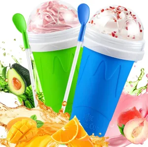 2 Pack Slushie Cup, Slushy Maker Cups, Magic Frozen Squeeze Cups for Ice Cream Juice Milk Yogurt, DIY Smoothie Cooling Cup with Lid and Straw for Kids Friends Family (Blue and Green)