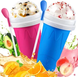 2 Pack Slushie Cup, Slushy Maker Cups, Magic Frozen Squeeze Cups for Ice Cream Juice Milk Yogurt, DIY Smoothie Cooling Cup with Lid and Straw for Kids Friends Family (Blue and Pink)