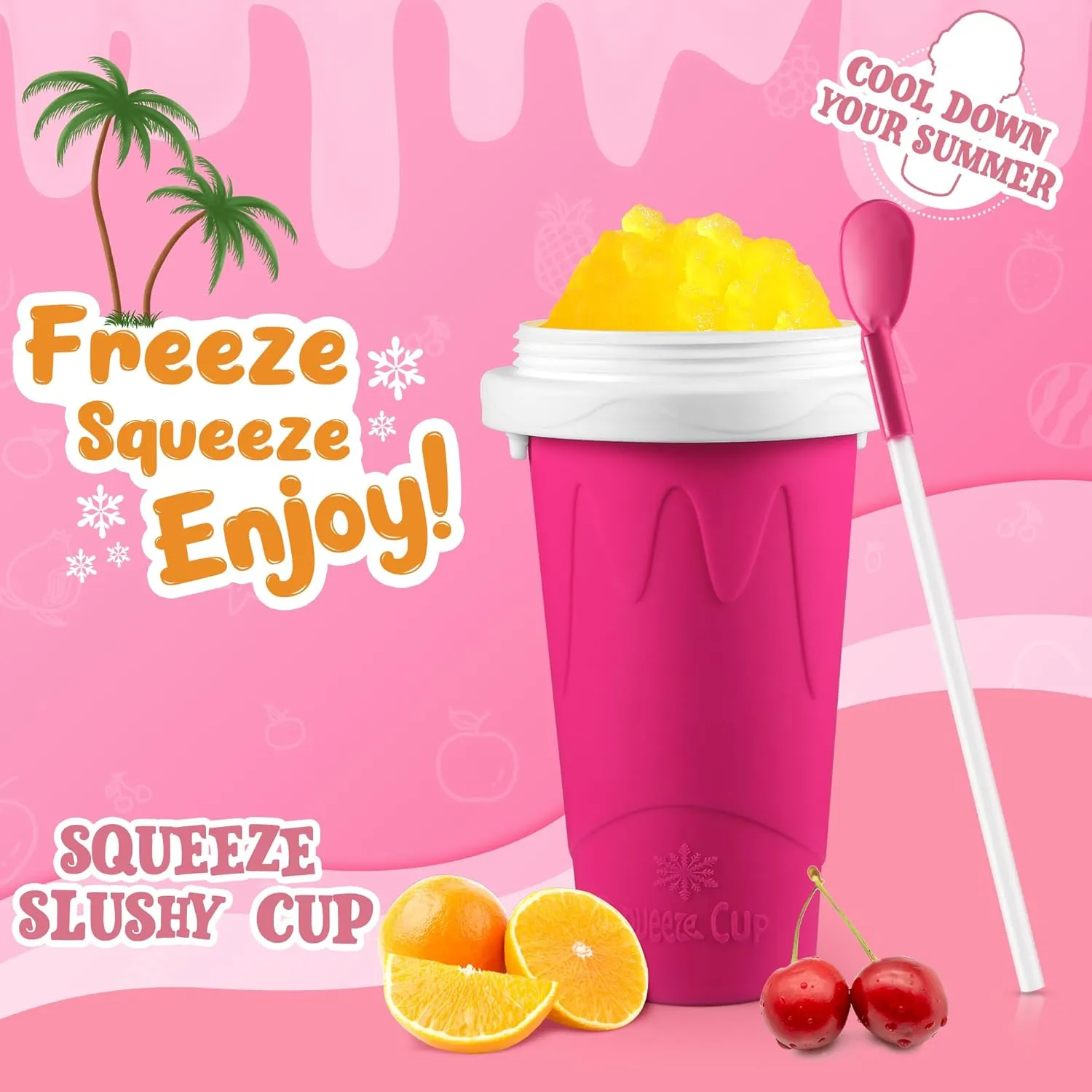 2 Pack Slushie Cup, Slushy Maker Cups, Magic Frozen Squeeze Cups for Ice Cream Juice Milk Yogurt, DIY Smoothie Cooling Cup with Lid and Straw for Kids Friends Family (Blue and Pink)