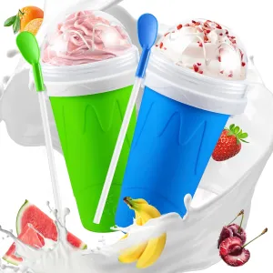 2 Pack Slushy Cup, Slushie Maker Cups, Magic Frozen Squeeze Cups for Juice Milk Ice Cream Yogurt, DIY Smoothie Cooling Cup with Lid and Straw for Kids Friends Family (Blue and Green)