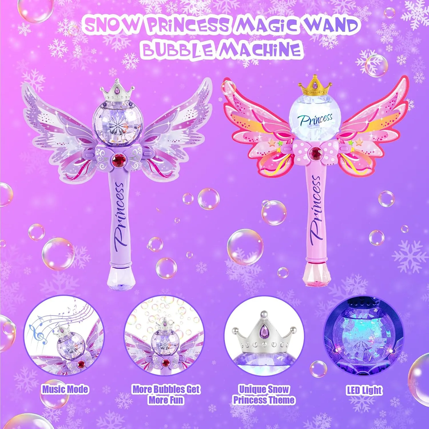 2 Packs Princess Magic Bubble Wand for Kids,Outdoor Bubble Toy for Girls,Light Up&Music Automatic Bubble Machine Maker Blower,Party Easter Birthday Gift for Age 3 4 5 6 Years Old Toddlers(Pink&Purple)