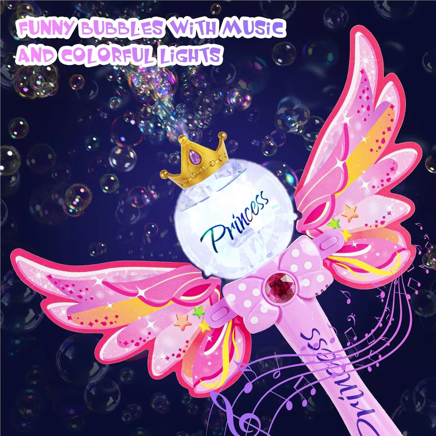 2 Packs Princess Magic Bubble Wand for Kids,Outdoor Bubble Toy for Girls,Light Up&Music Automatic Bubble Machine Maker Blower,Party Easter Birthday Gift for Age 3 4 5 6 Years Old Toddlers(Pink&Purple)