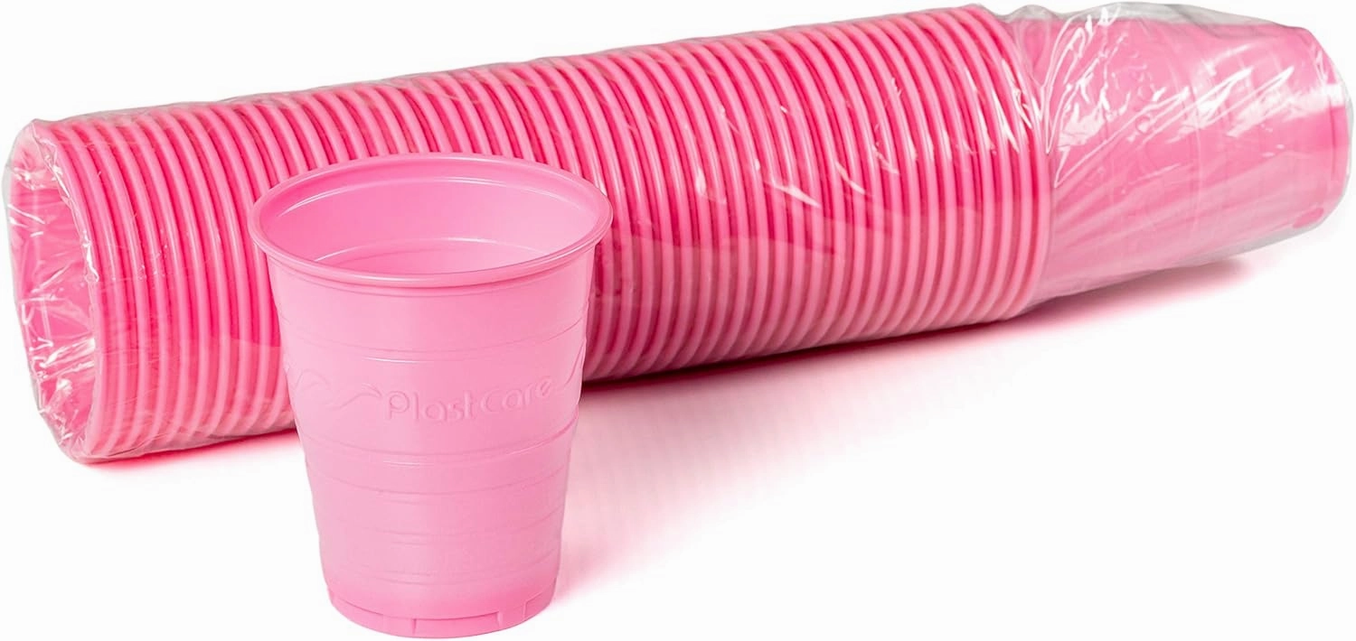 200 Disposable 5 Ounce Plastic Cups for Drinking, Rinse Mouthwash for Dental, Ribbed Design (Pink)