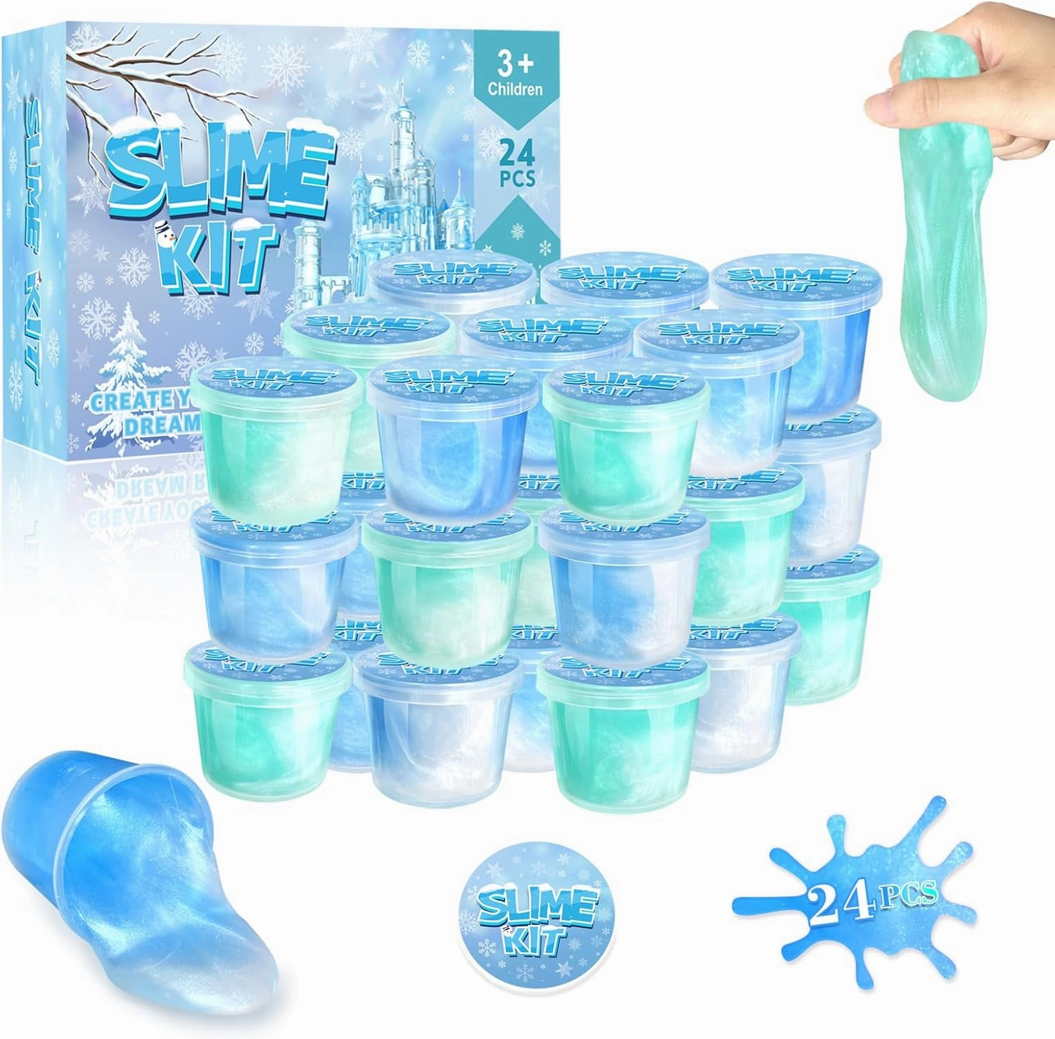 24 Pack Frozen Slime Party Favors for Kids Ice Slime Cup Snowflake Putty Toy Christmas Easter Birthday Goodie Bag Stuffer Classroom Reward for Girls Boys Stretchy Non-Sticky Stress Relief