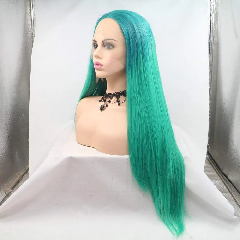 24" Natural Hairline Mermaid Wig Blue Green Ombre Synthetic Lace Front Wigs for Women for Daily Party Cosplay Halloween Drag Queen Long Straight Heat Resistant Synthetic Wigs Miidle Part