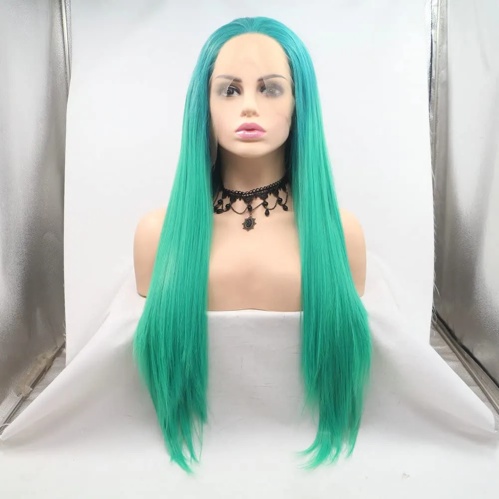24" Natural Hairline Mermaid Wig Blue Green Ombre Synthetic Lace Front Wigs for Women for Daily Party Cosplay Halloween Drag Queen Long Straight Heat Resistant Synthetic Wigs Miidle Part