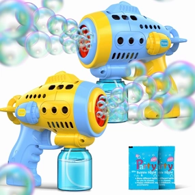 2 Bubble Gun with 2 Pack Refill Solution, 360° Leak-Proof Bubble Machine for Toddlers, Automatic Bubble Guns for Kids, Easter Basket Stuffers, Party Favors, Birthday Gift (Yellow-Blue)