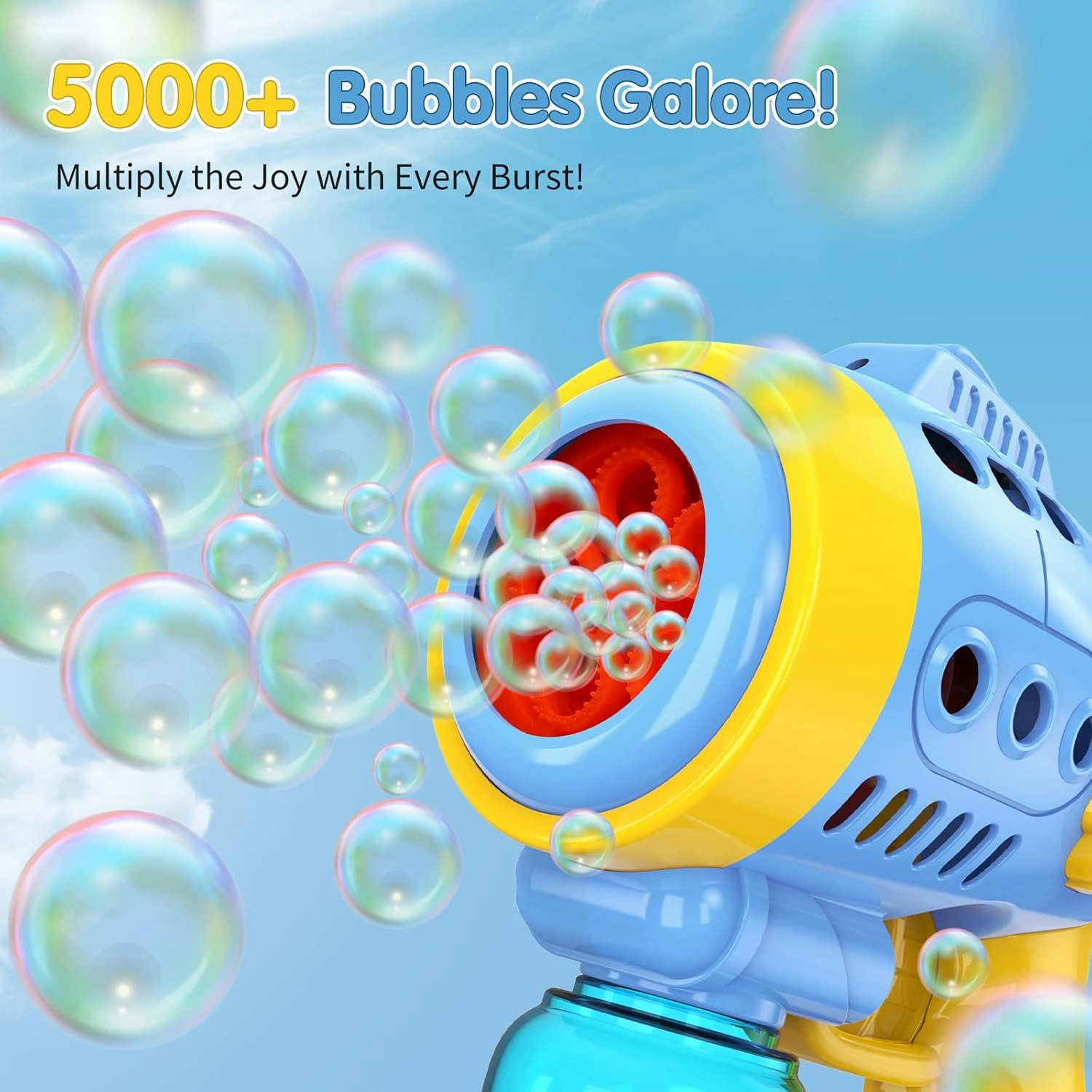 2 Bubble Gun with 2 Pack Refill Solution, 360° Leak-Proof Bubble Machine for Toddlers, Automatic Bubble Guns for Kids, Easter Basket Stuffers, Party Favors, Birthday Gift (Yellow-Blue)