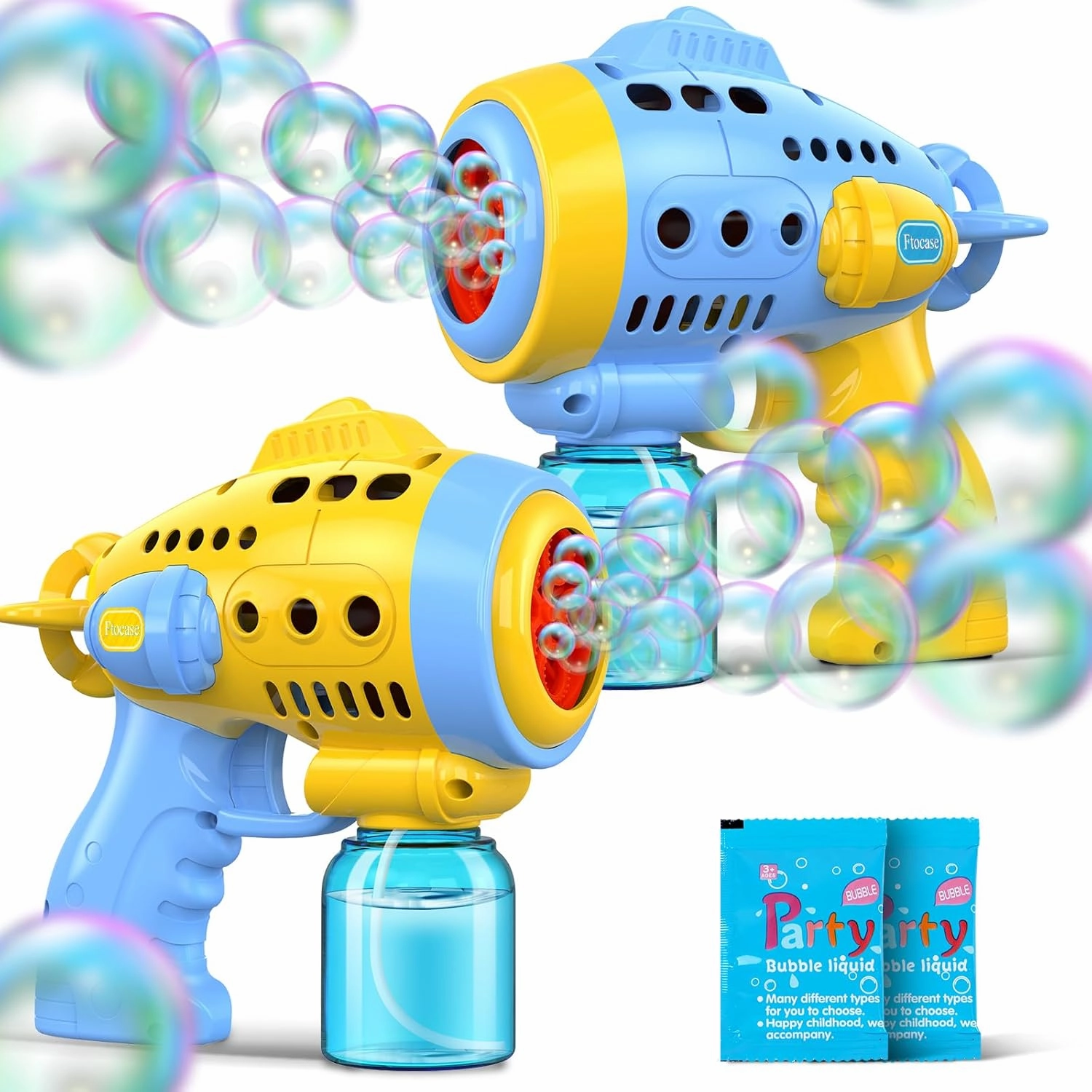 2 Bubble Gun with 2 Pack Refill Solution, 360° Leak-Proof Bubble Machine for Toddlers, Automatic Bubble Guns for Kids, Easter Basket Stuffers, Party Favors, Birthday Gift (Yellow-Blue)