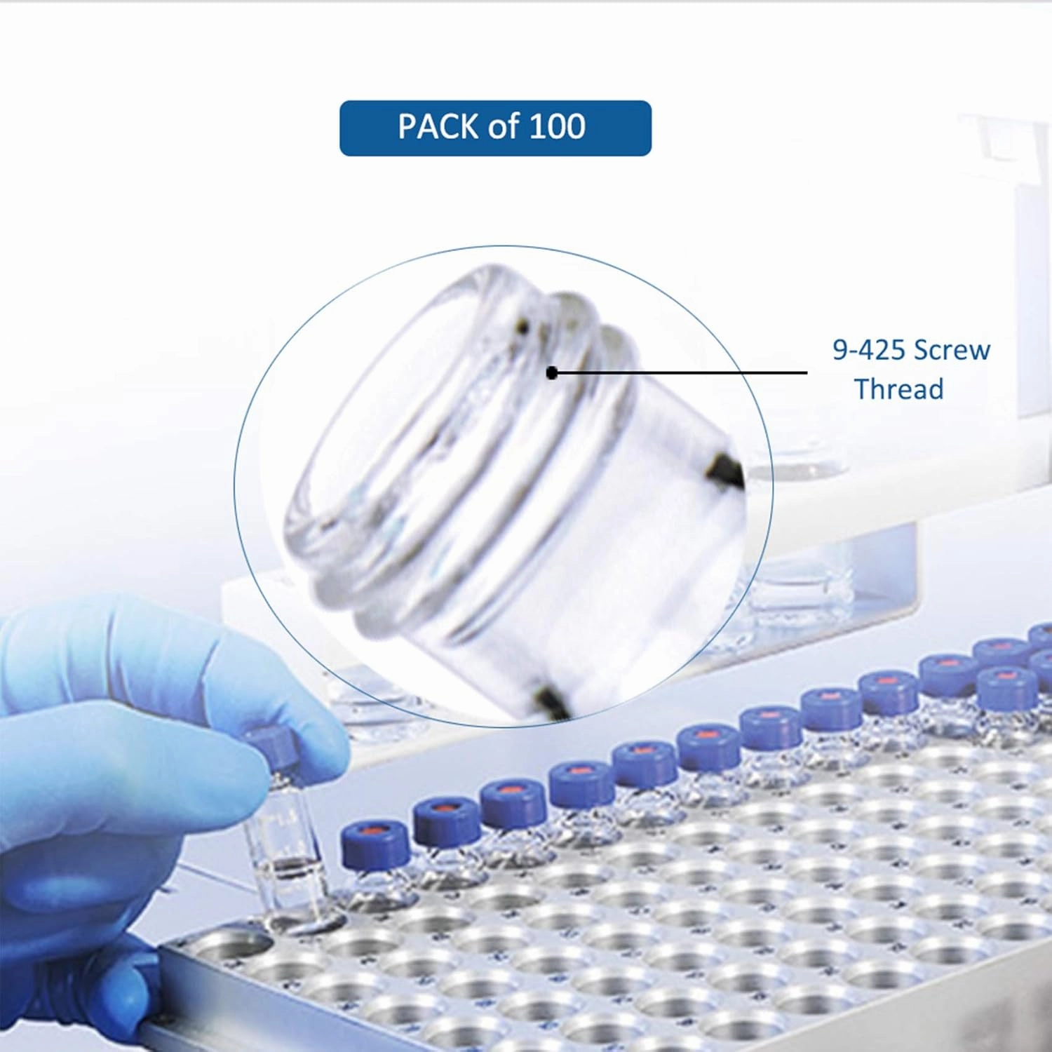 2 ml 9 mm HPLC Vial, Clear Autosampler Vial, 1.8 ml BorosiliGlass Sample Vial with Graduation, 9-425 Type Screw Threaded Vial, Blue Screw Cap with Hole, White PTFE&Red Silicone Septa, 100 of Pack