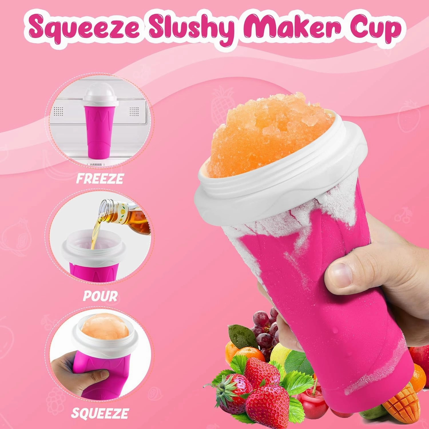 2 Pack Magic Squeeze Slushy Cups, DIY Frozen Slushie Maker Cup, Portable Smoothies Cups for Making Juice Shake Yogurt Ice Cream, Reusable Cooling Cup for Family and Friends(Blue Pink)