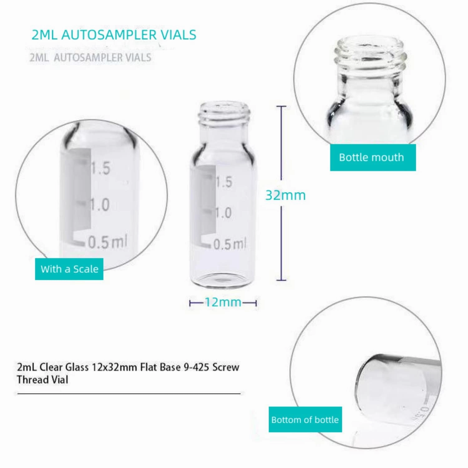 2ml HPLC Vial, 9-425 Borosilicate Autosamper Vial with Graduation, Clear Sample Vial and 9mm Blue Screw Cap with Hole, Red PTFE&White Silicone Septa, Pack of 100