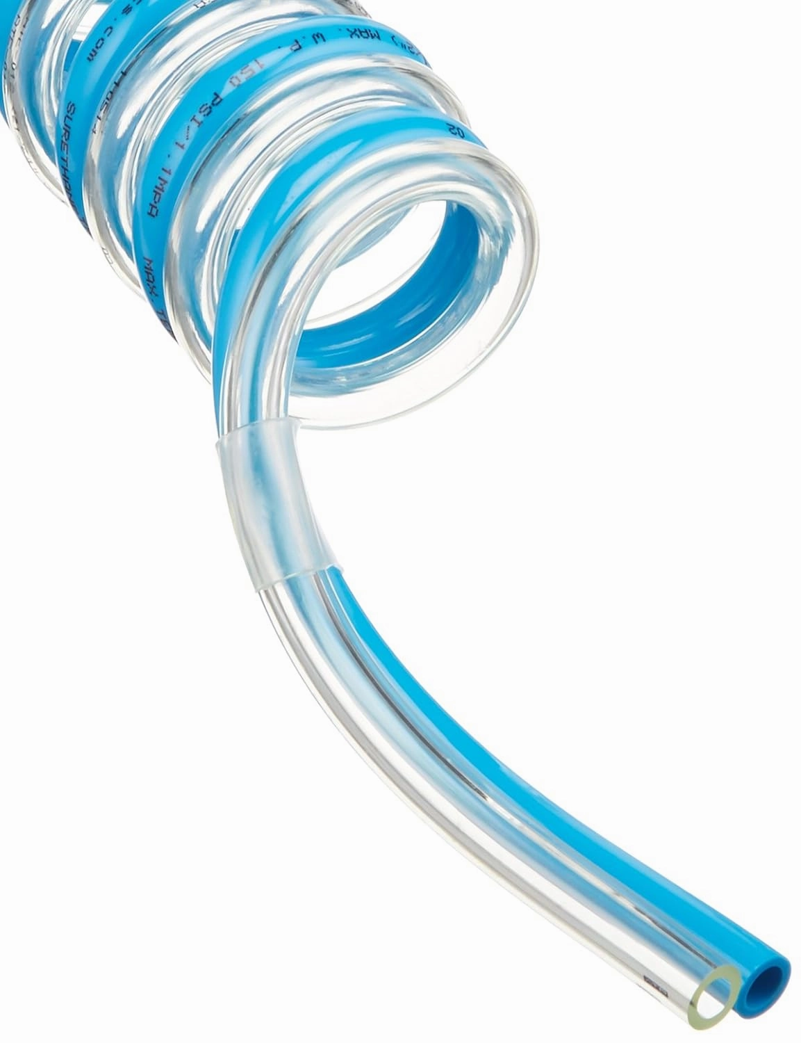 2MPS-12-30-02 Spiral Bonded Pneumatic Tubing, 1/2" OD, 21/64" ID, 12.9' Working Length, Two Bore, Polyurethane, Light Blue and Clear