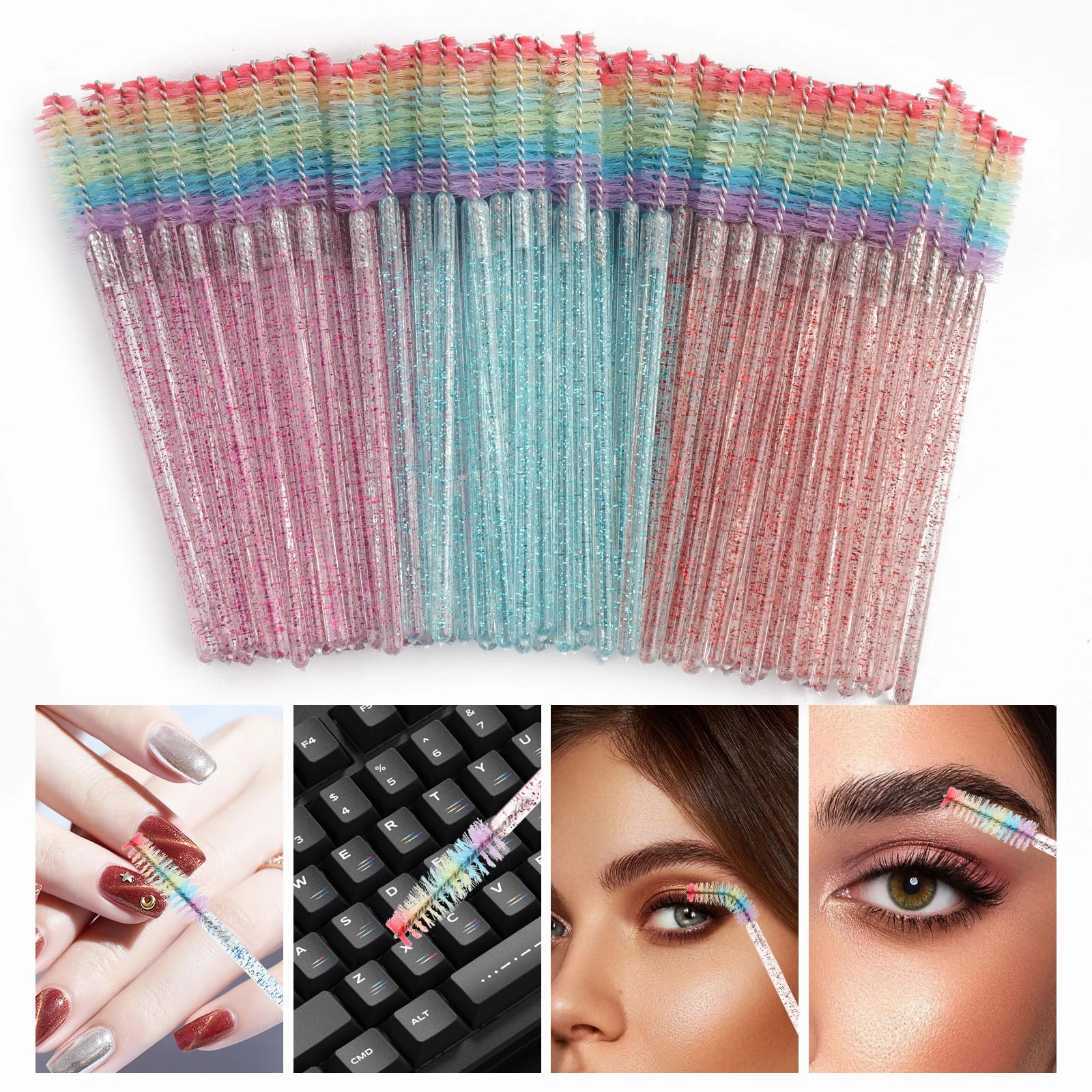 300 PCS Crystal Eyelash Mascara Wands Disposable Lash Brushes for Extensions Spoolie Brush Applicators Makeup Tool Kits (Mixed 3 color)