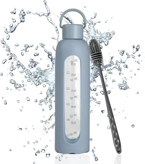 32 oz Glass Water Bottles with Lid and Brush,Borosilicate Glass Water Bottle with Time Marker Water Bottles with Silicone Sleeve Leak Proof Reusable BPA Free (Light Blue)