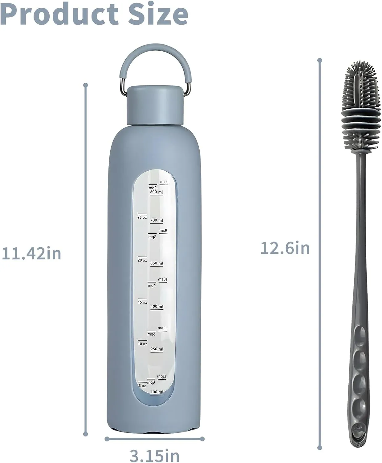 32 oz Glass Water Bottles with Lid and Brush,Borosilicate Glass Water Bottle with Time Marker Water Bottles with Silicone Sleeve Leak Proof Reusable BPA Free (Light Blue)