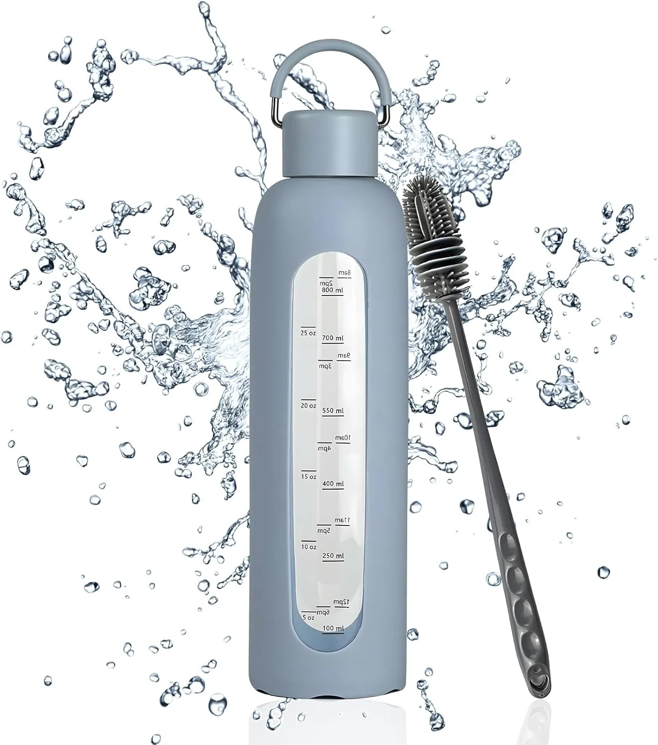 32 oz Glass Water Bottles with Lid and Brush,Borosilicate Glass Water Bottle with Time Marker Water Bottles with Silicone Sleeve Leak Proof Reusable BPA Free (Light Blue)
