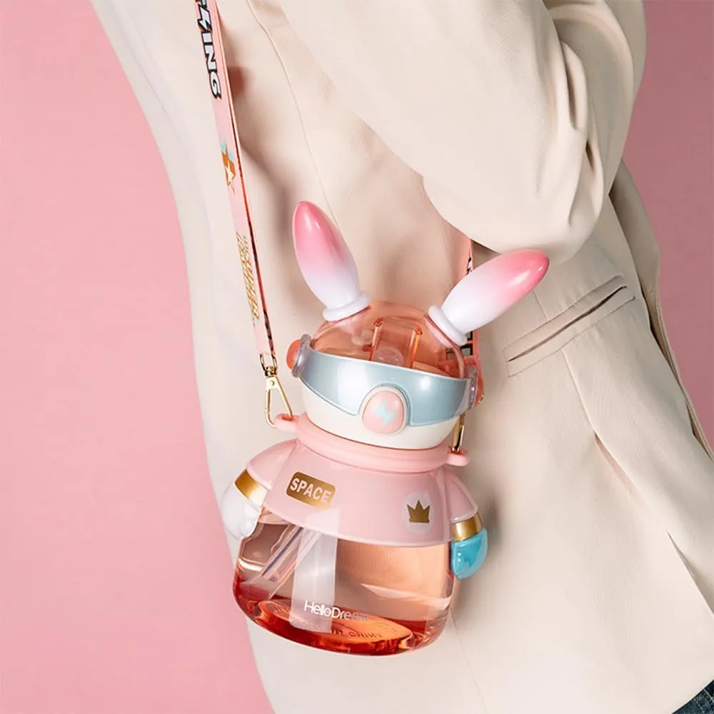 32 oz Water Bottle with Straw,Cool Gradient color Lightning Rabbit shape & Stylish Strap,Leak Proof Cute Straw Cup,Kids Water Bottle for School (pink)