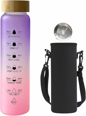 32oz Glass Motivational Daily Water Intake Bottle with Time to Drink, with Leakproof Bamboo Lid and Sleeve, Dishwasher Safe BPA free for Cold and Hot Drinks (Purple)