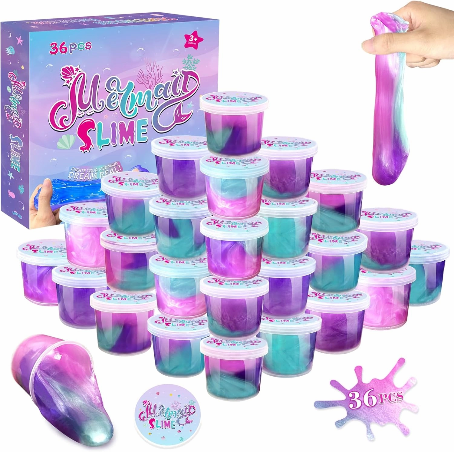 36 Pack Mermaid Slime Kit Party Favors for Kids Slime Cup Bulk DIY Stress Relief Putty Toy Christmas Holiday Birthday Goodie Bag Stuffer Classroom Reward for Girls Boys Stretchy Non-Sticky