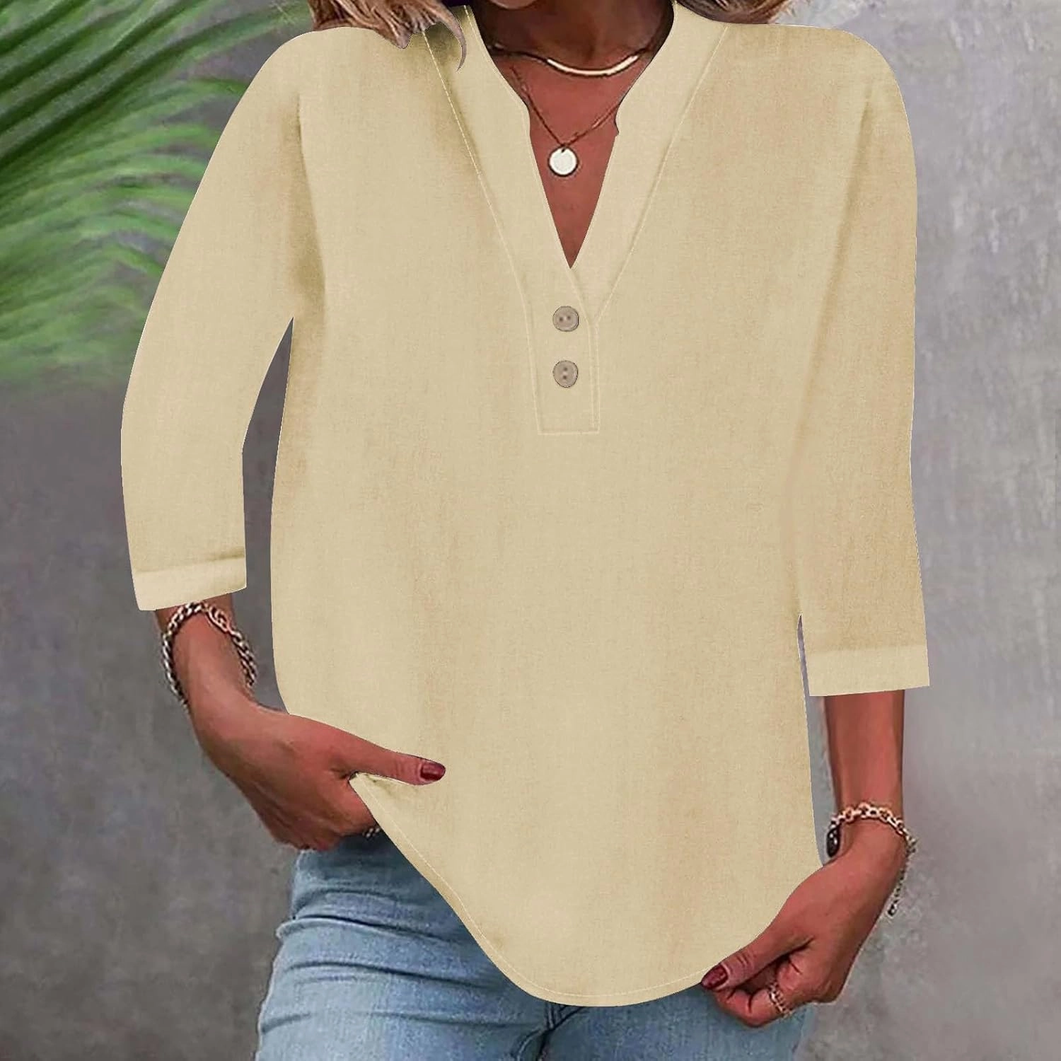 3/4 Sleeve Linen Tops for Women 2025 Button Down V Neck Loose Fit Henley Shirts Cute Solid Summer Beach Tees Shirt