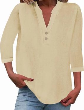 3/4 Sleeve Linen Tops for Women 2025 Button Down V Neck Loose Fit Henley Shirts Cute Solid Summer Beach Tees Shirt