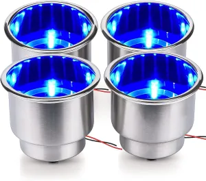 4 Pieces LED Stainless Steel Cup Drink Holder with Drain & LED Marine Boat Rv Camper