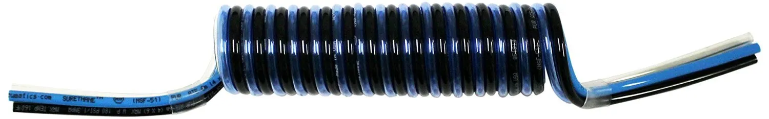 4MPS-12-30 Spiral Bonded Pneumatic Tubing, 1/2" OD, 21/64" ID, 16.8' Working Length, Four Bore, Clear, Blue, and Black