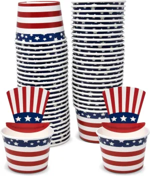 50 Count Patriotic American Flag Treat Snack Cups 10 Oz. Disposable Paper Cup Ice Cream Dessert Ices Bowls July Fourth Uncle Sam Hat For Frozen Treats Cupcakes USA Party Favor Supplies Decorations