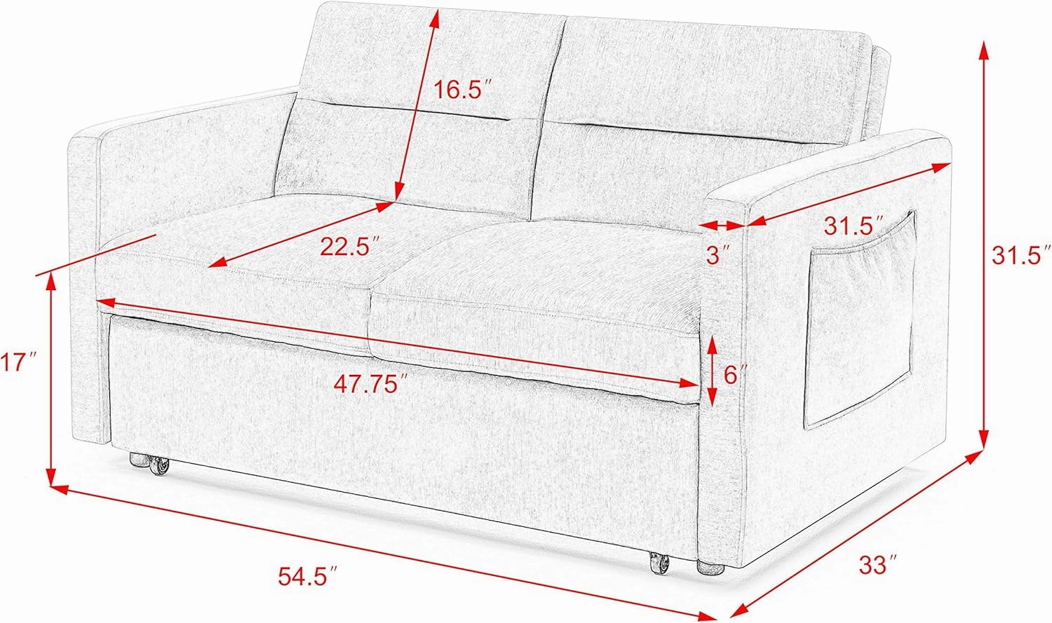 54.5" Convertible Sofa Bed, 3-in-1 Sleeper Sofa with Pull-Out Bed, Futon Couches with Storage Side Pocket, Loveseat with Adjustable Backrest for Small Space Apartment, Dark Grey
