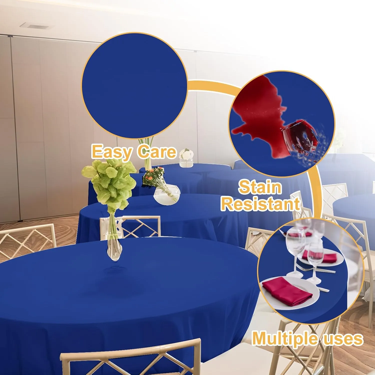 6 Pack 120 In Round Royal Blue Tablecloths - Reusable Polyester Table Covers – Protect from Spills (Not Waterproof) – for Weddings, Banquets, Parties – Ships Folded, Wrinkles Likely, Steam Before Use