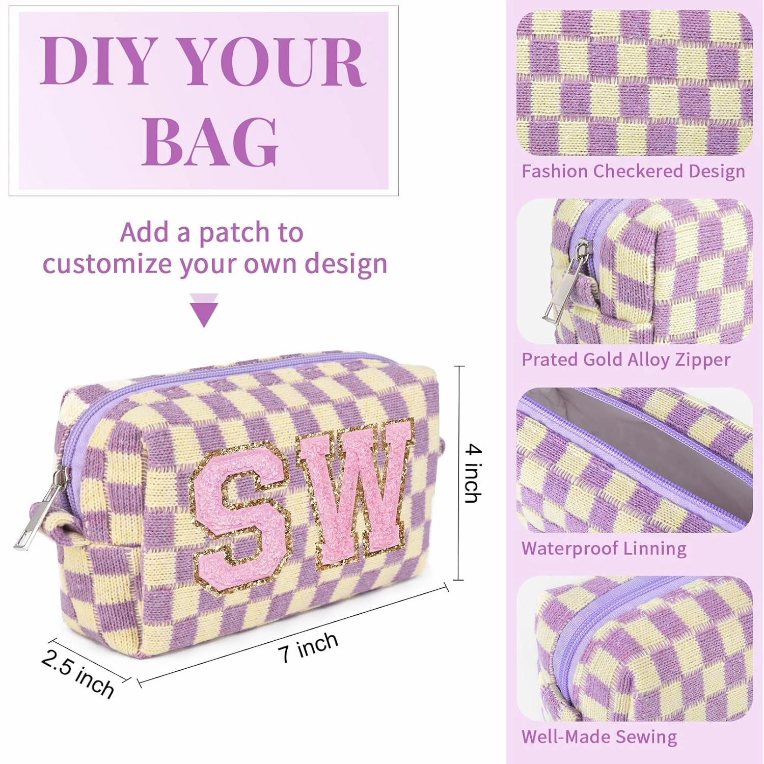 6 Pcs Preppy Makeup Bag Bulk Checkered Cosmetic Bag Purple Makeup Pouch Personalize Travel Toiletry Bag Organizer Cute DIY Makeup Brushes Storage Bag for Women