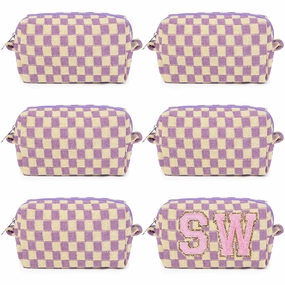 6 Pcs Preppy Makeup Bag Bulk Checkered Cosmetic Bag Purple Makeup Pouch Personalize Travel Toiletry Bag Organizer Cute DIY Makeup Brushes Storage Bag for Women