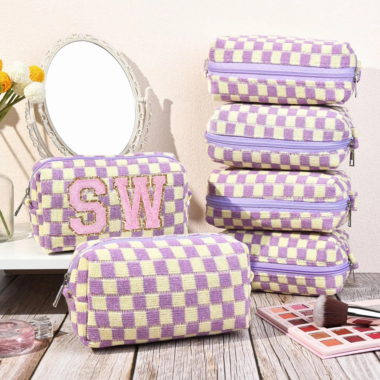 6 Pcs Preppy Makeup Bag Bulk Checkered Cosmetic Bag Purple Makeup Pouch Personalize Travel Toiletry Bag Organizer Cute DIY Makeup Brushes Storage Bag for Women