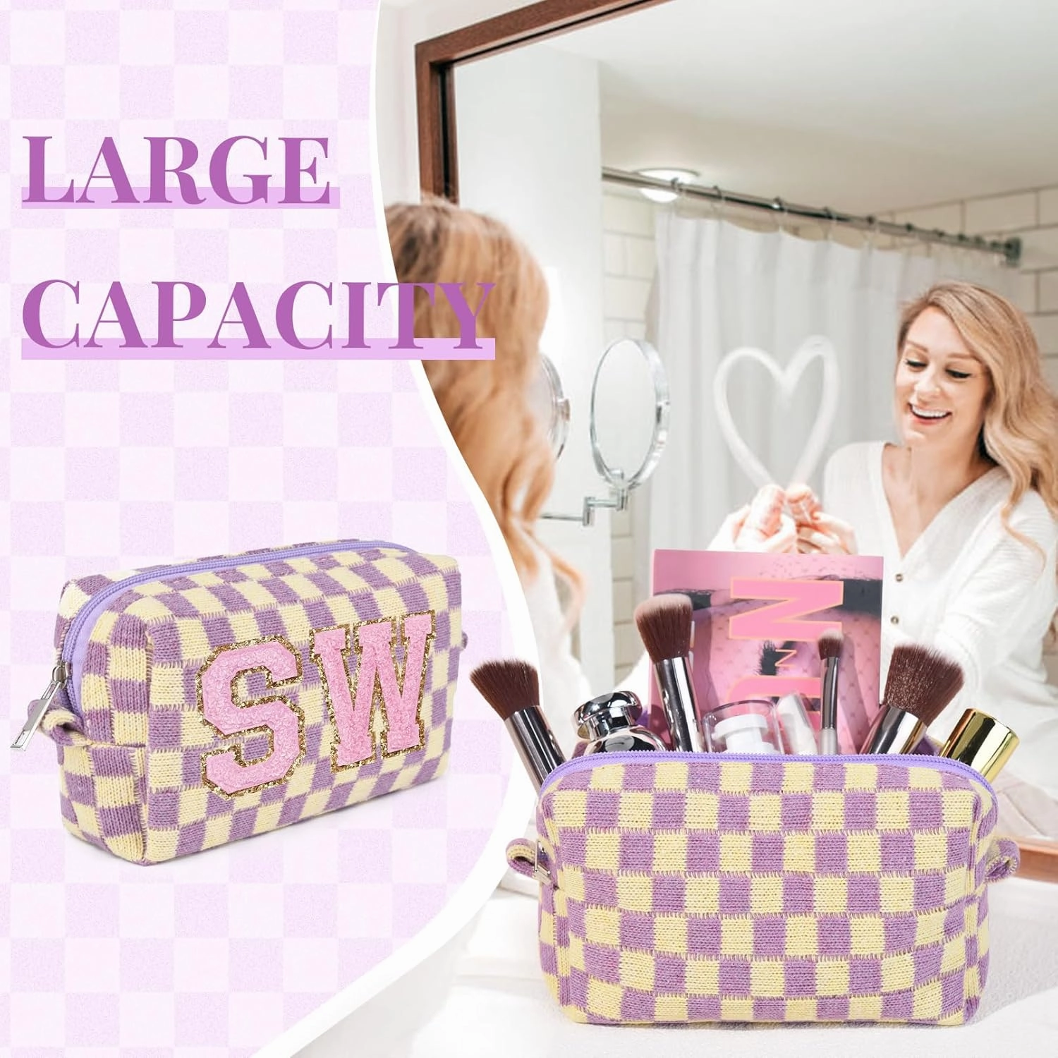 6 Pcs Preppy Makeup Bag Bulk Checkered Cosmetic Bag Purple Makeup Pouch Personalize Travel Toiletry Bag Organizer Cute DIY Makeup Brushes Storage Bag for Women