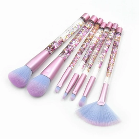 7-Pcs makeup brushes clear crystal diamond particle handle, makeup brush set, quicksand liquid particle sequins(Color:Red flowing sand blue pink hair)