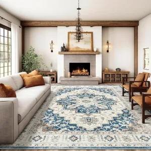 8x10 Area Rug for Living Rooms, Stain Resistant Neutral Washable Rugs for Dining Rooms, Floral Vintage Non-Slip Thin Large Size Area Rugs(Blue)
