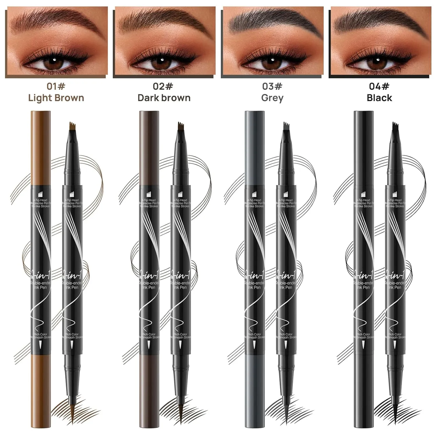 9706 2-in-1 Double-Ended Liquid Eyebrow Pen, 4 Tip Head& 1 Tip Ultra Fine Eyebrow Pen,Easily Draw Realistic Eyebrows, 4 Color, Waterproof (1#Light Brown)