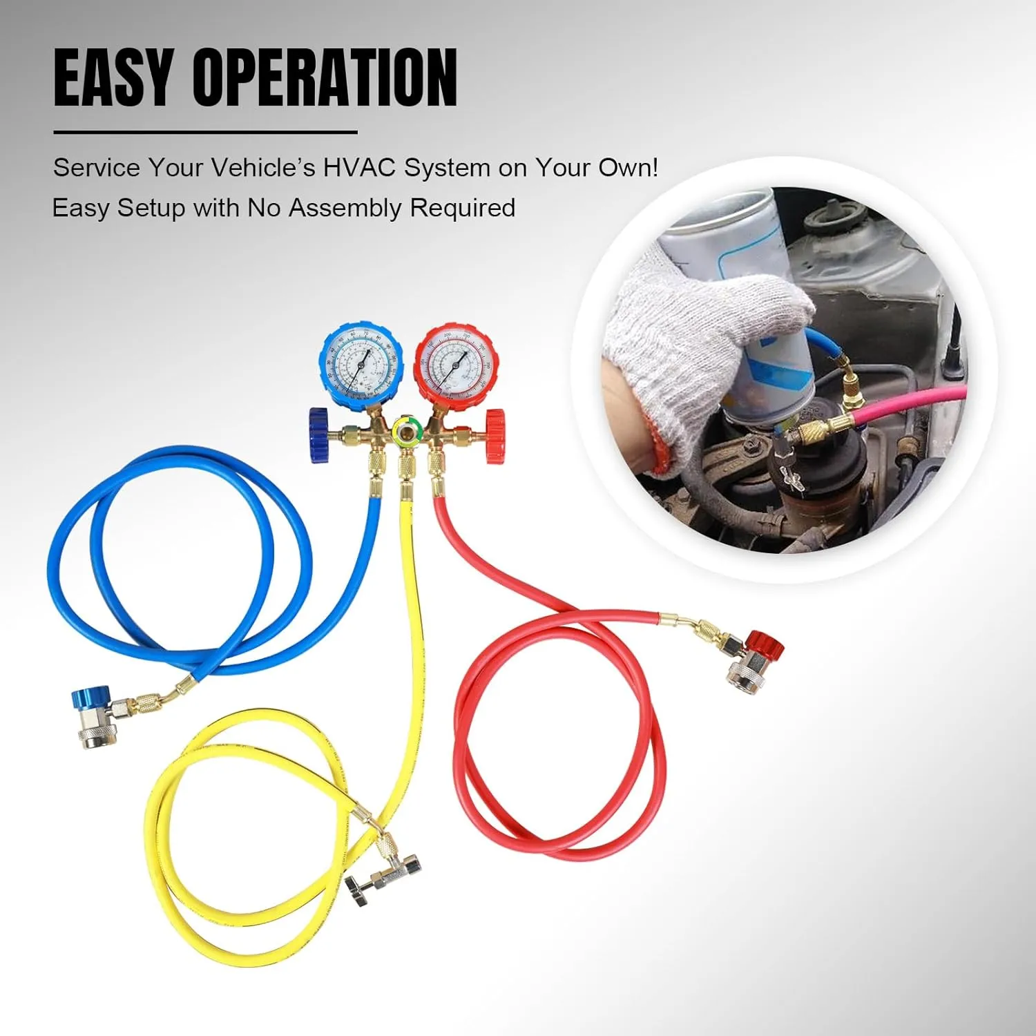 AC Gauges, AC Manifold Gauge Set for R134a R12 R502 Refrigerant, 3 Way Car with 5FT Hoses Couplers & Adapter, Self Sealing Can Tap Freon Charge Kit