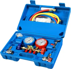 AC Gauges, AC Manifold Gauge Set for R134a R12 R502 Refrigerant, 3 Way Car with 5FT Hoses Couplers & Adapter, Self Sealing Can Tap Freon Charge Kit