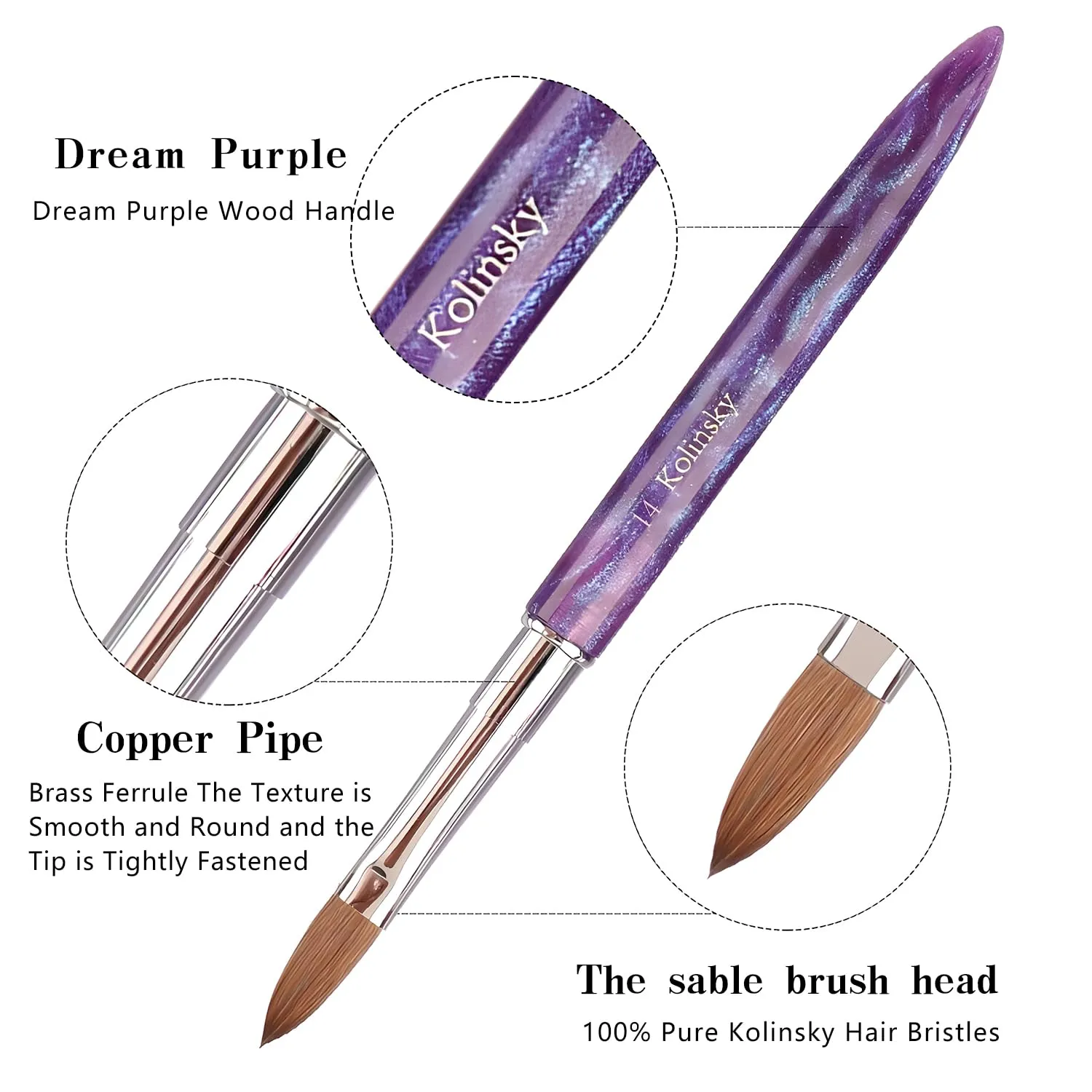 Acrylic Nail Brush Size14, 100% Pure Kolinsky Nail Art Brushes Sturdy Handle Oval Shaped Acrylic Powder Nail Design Tools for Professional Manicure DIY Home Salon (Purple)