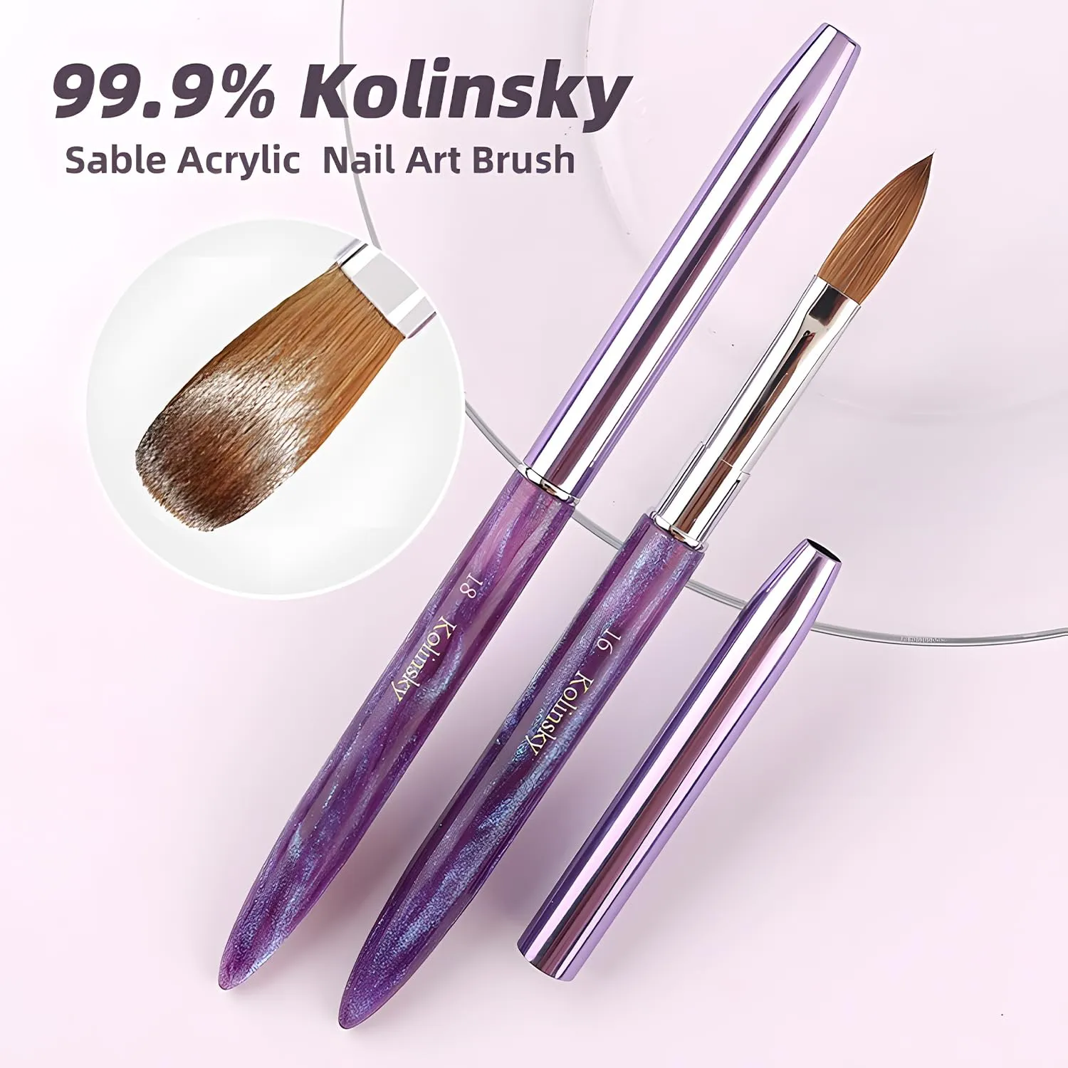 Acrylic Nail Brush Size14, 100% Pure Kolinsky Nail Art Brushes Sturdy Handle Oval Shaped Acrylic Powder Nail Design Tools for Professional Manicure DIY Home Salon (Purple)